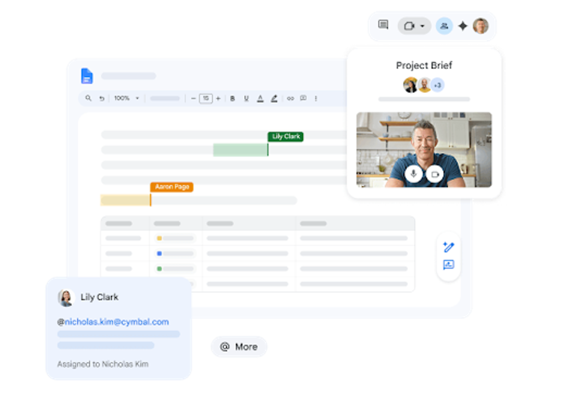 Google Docs product visual showing document collaboration during a video call