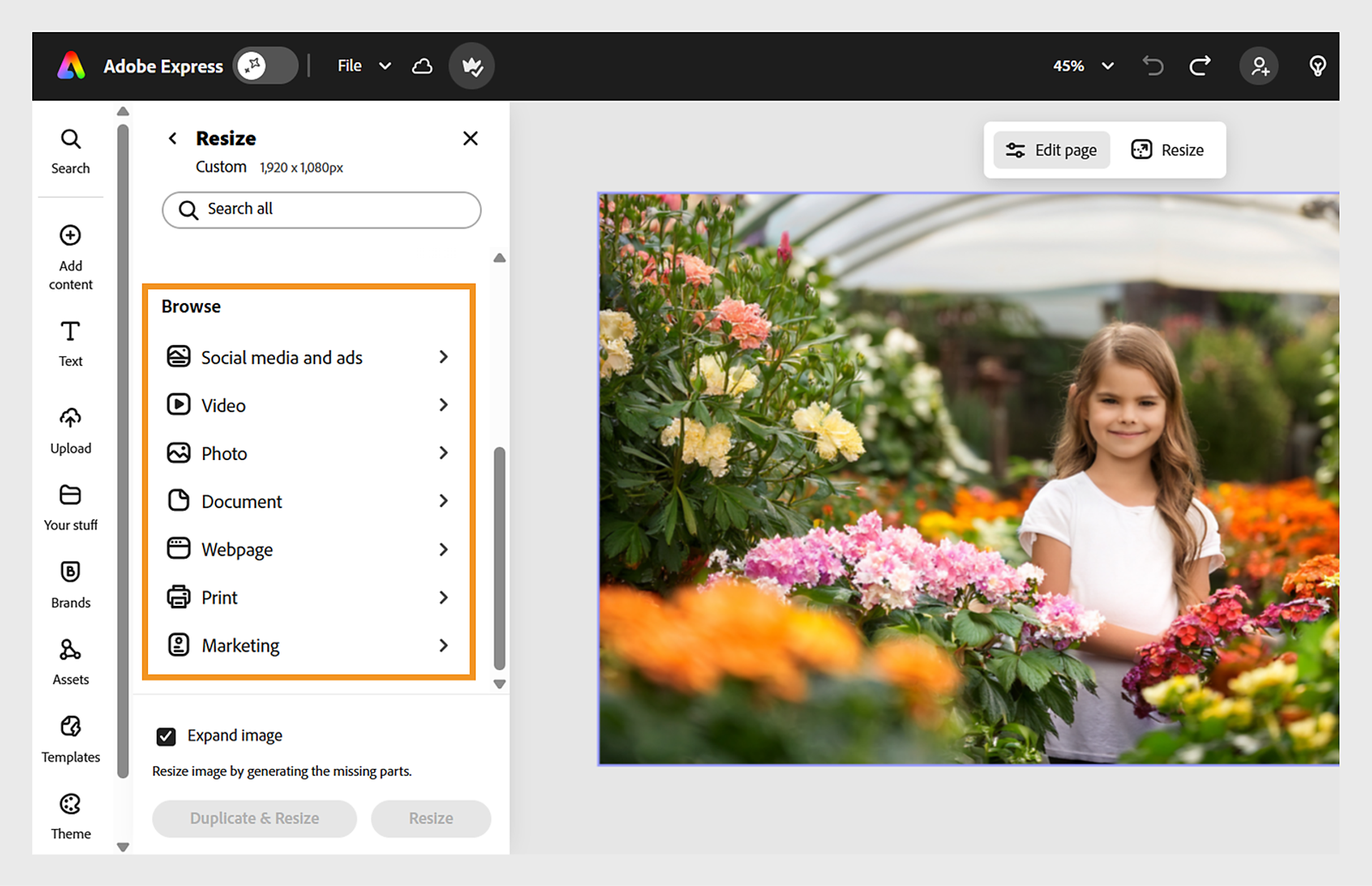 Adobe Express editor showing the Resize panel beside a floral image