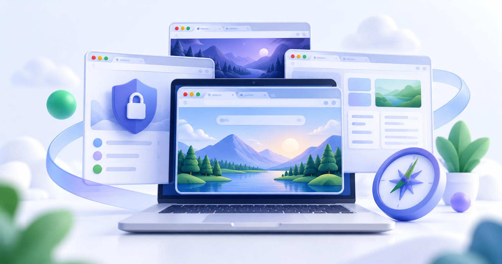 Laptop with browser windows, a privacy shield and a compass illustrating Google Chrome alternatives.