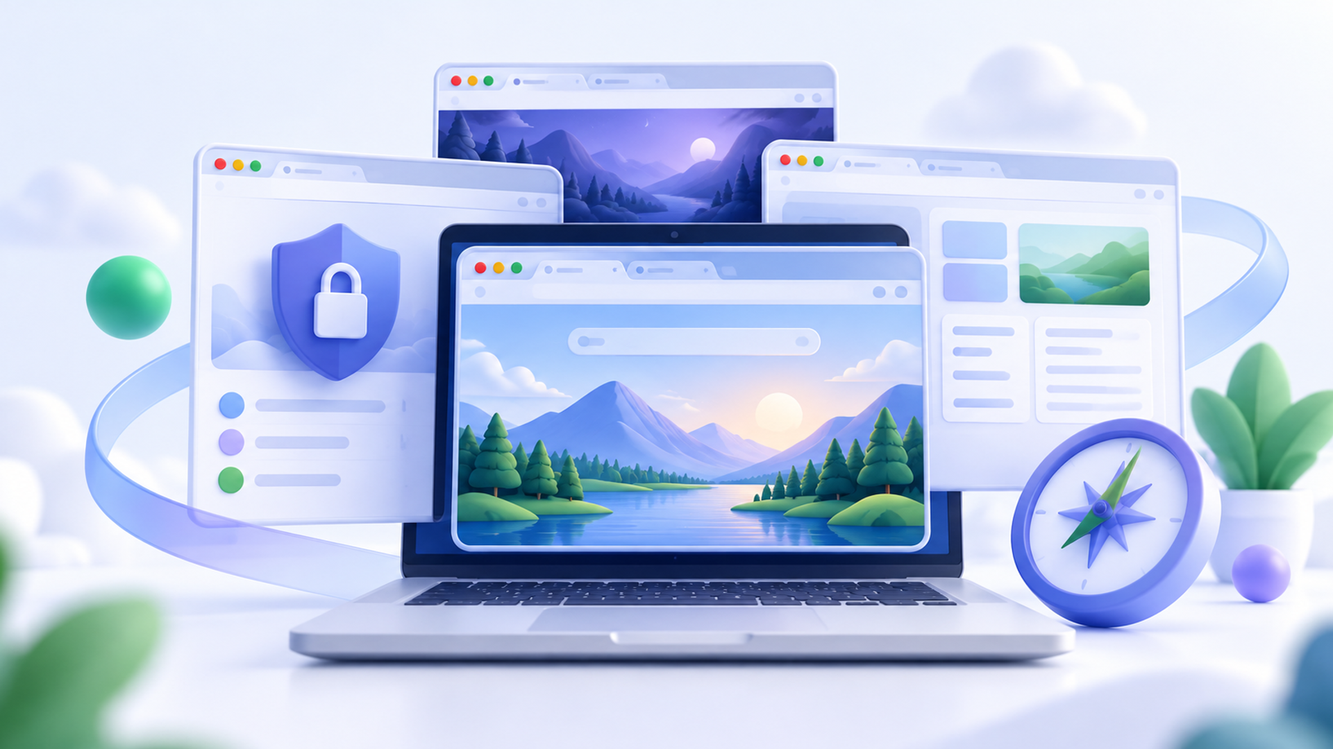Laptop with browser windows, a privacy shield and a compass illustrating Google Chrome alternatives.