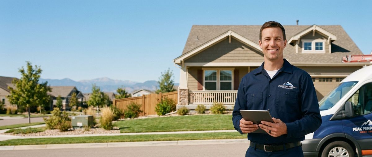 A Summit Home Services technician in front of a Denver home
