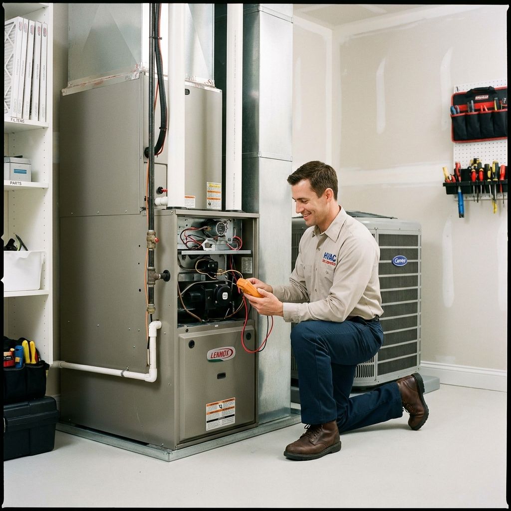 A technician servicing a home furnace and air conditioner