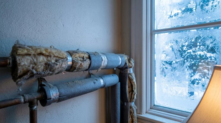 Insulated home water pipes on a frosty winter day