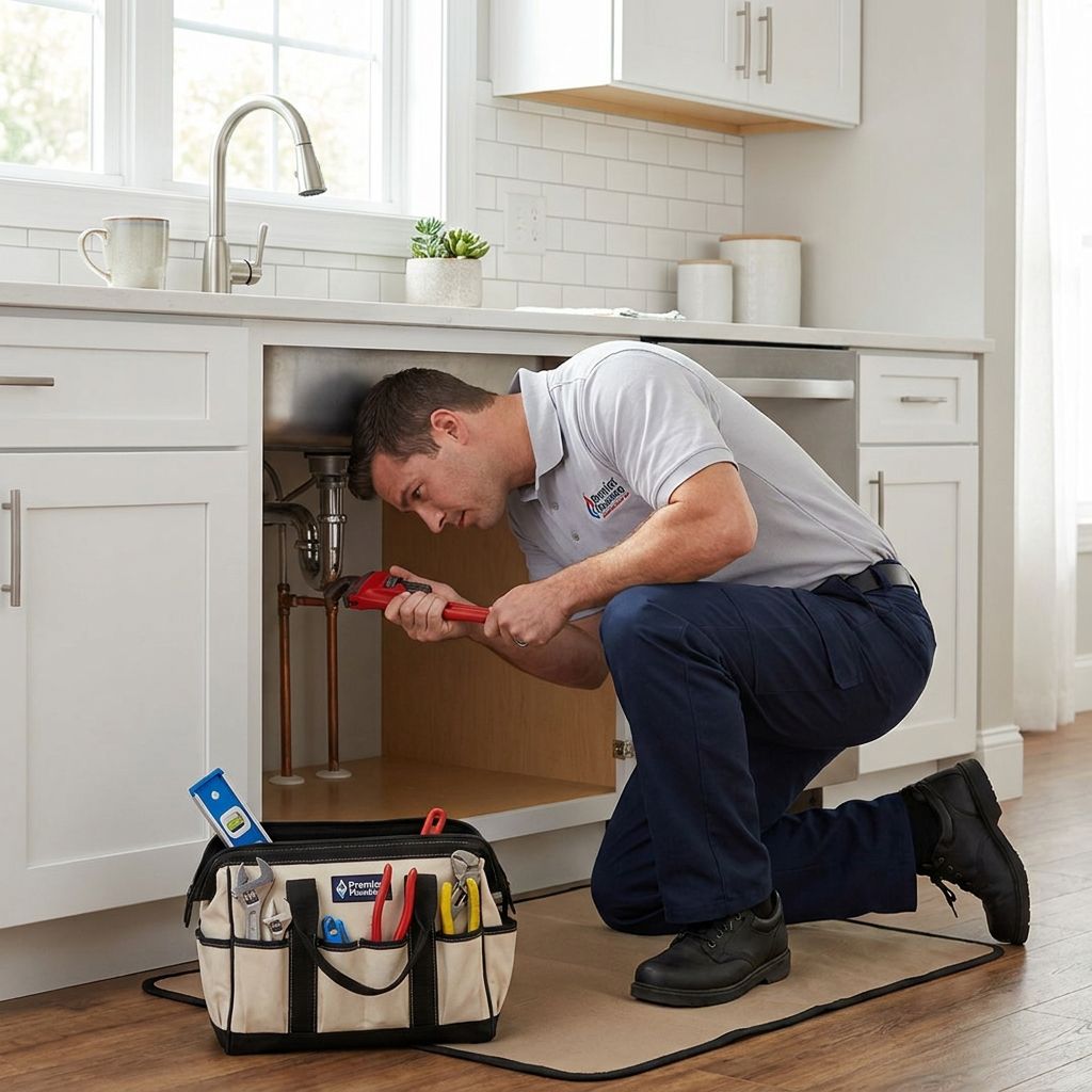 A plumber repairing a pipe under a kitchen sink