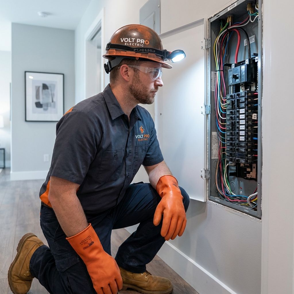 A licensed electrician working on a home electrical panel