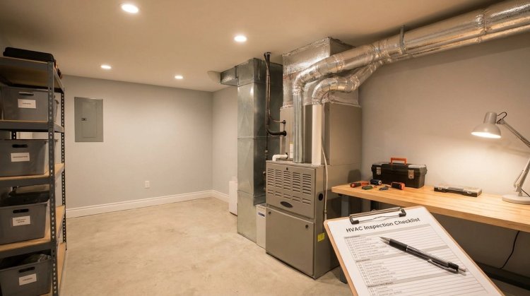 A residential gas furnace in a home basement