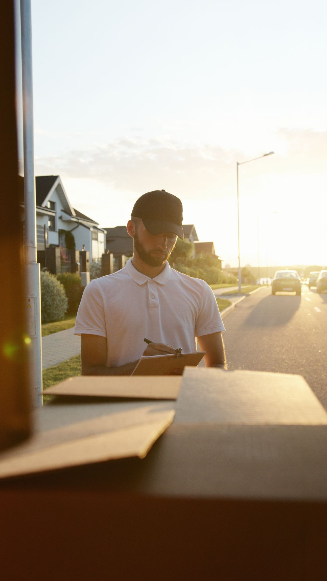 A professional courier driver at the wheel