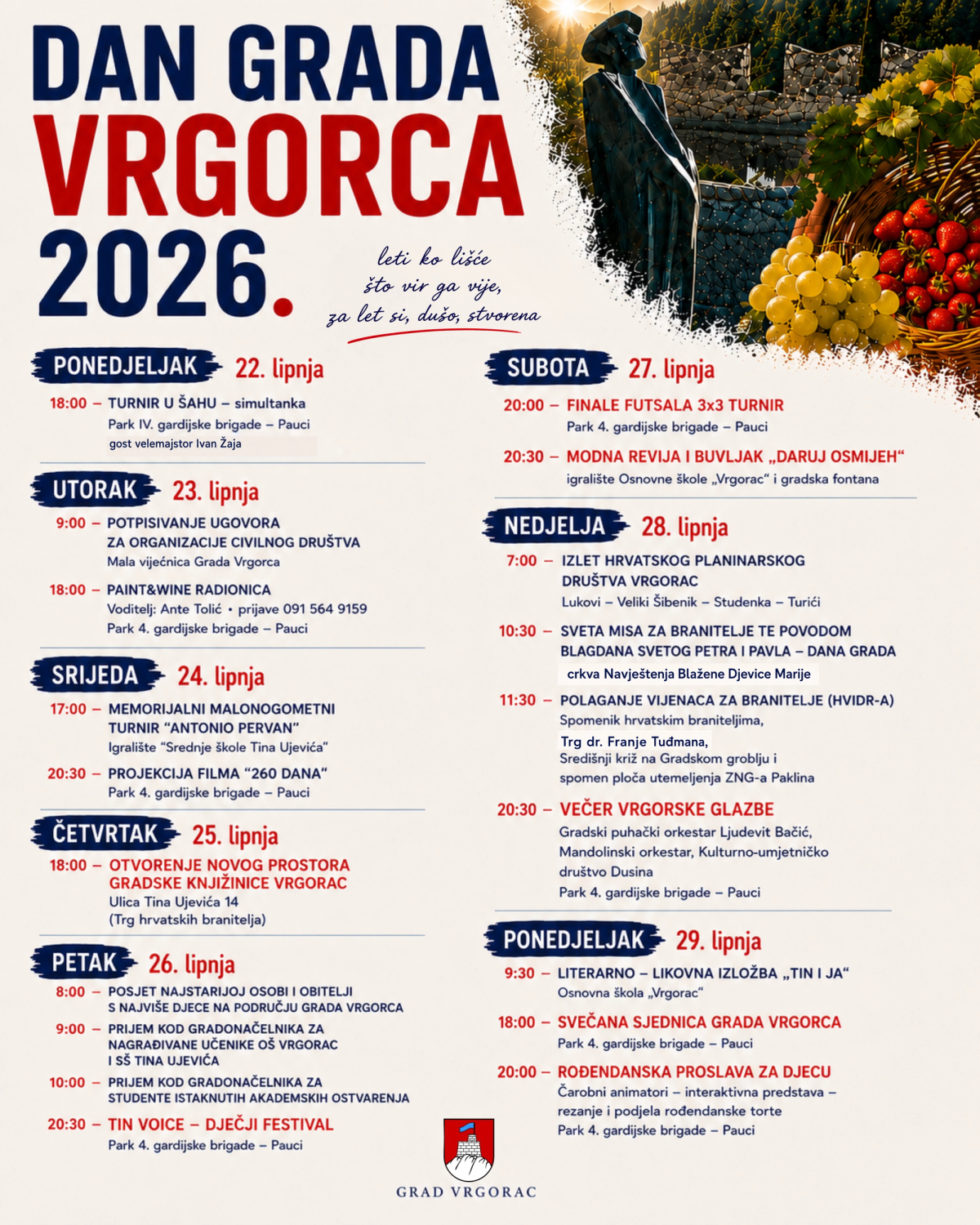 Program Dana Grada Vrgorca obilježit niz sportskih, kulturnih i društvenih događanja