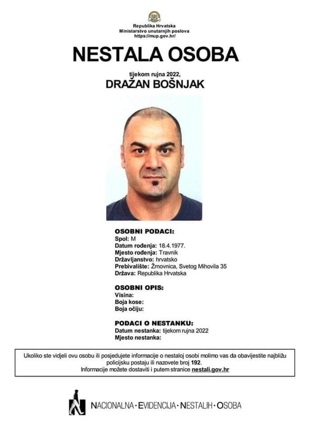 JESTE LI GA VIDJELI? Nestao je Dražan Bošnjak. Trag mu se gubi u Šibeniku