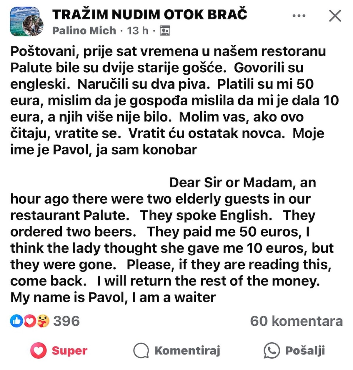 Konobar s Brača preko Facebooka traži gošće koje su piće platile više nego su trebale