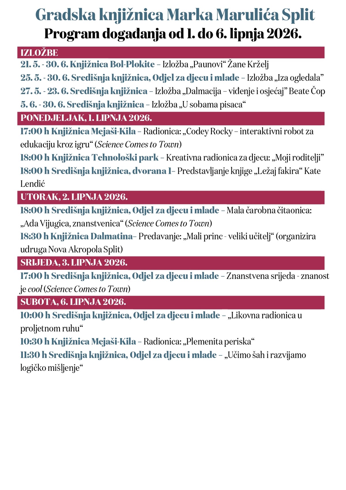 Gradska knjižnica Marka Marulića objavila program za početak lipnja