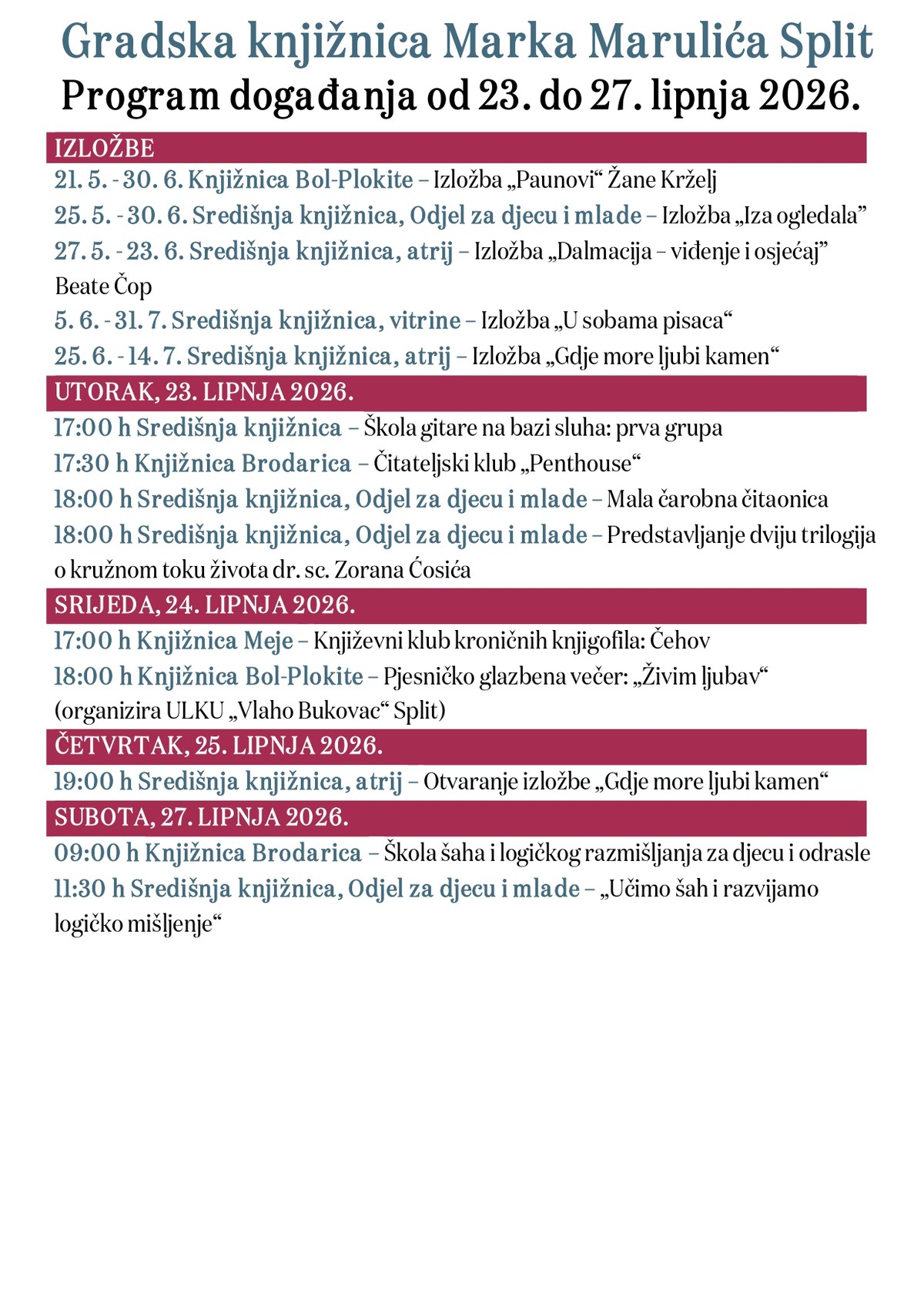 Gradska knjižnica Marka Marulića priprema bogat program za kraj lipnja