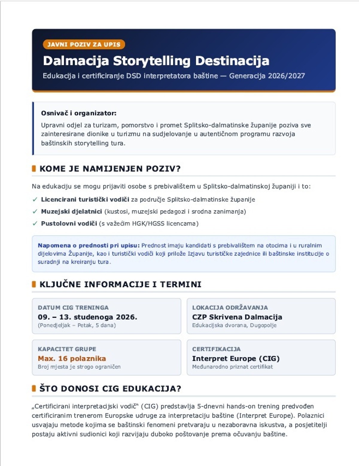Objavljen javni poziv za novu generaciju interpretatora baštine: Postanite dio programa 'Dalmacija storytelling destinacija'