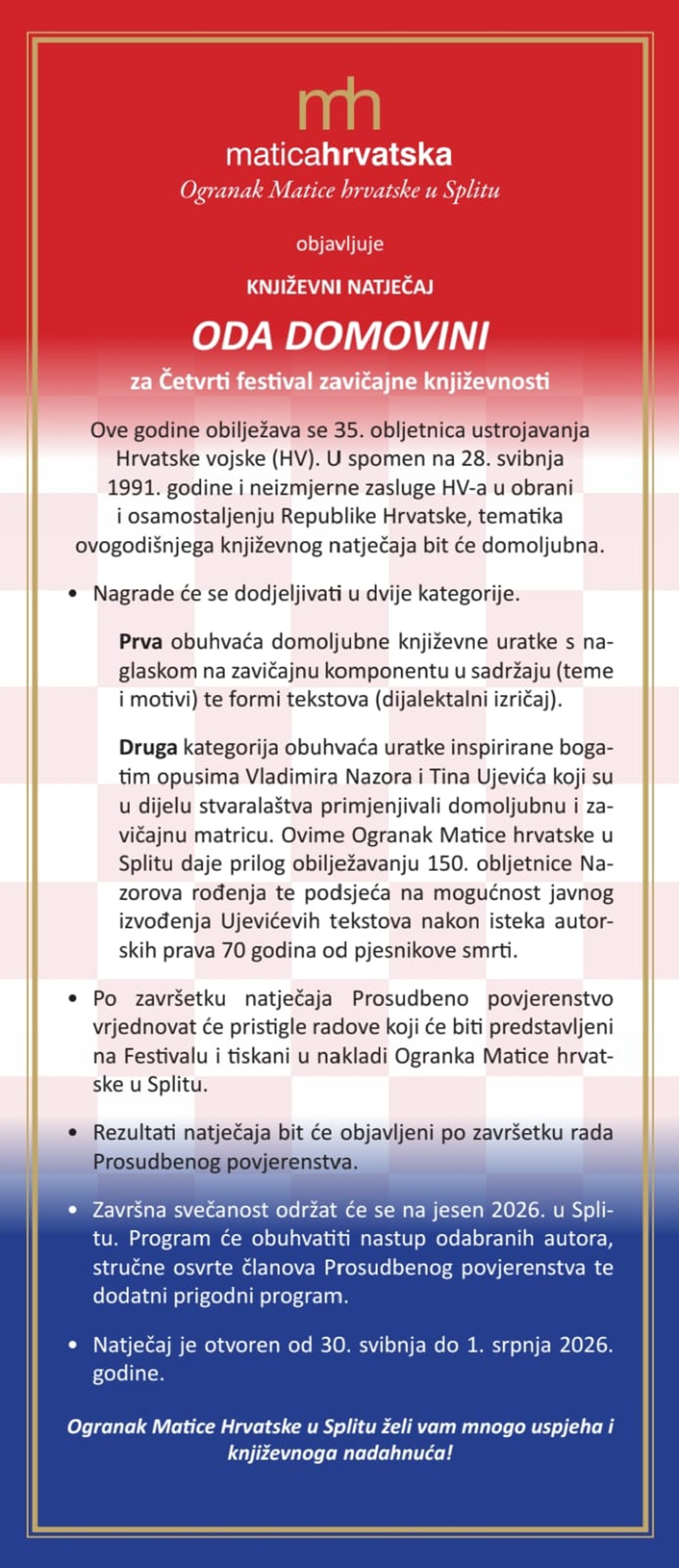 Ogranak Matice hrvatske u Splitu raspisao književni natječaj 'Oda domovini' za Četvrti festival zavičajne književnosti