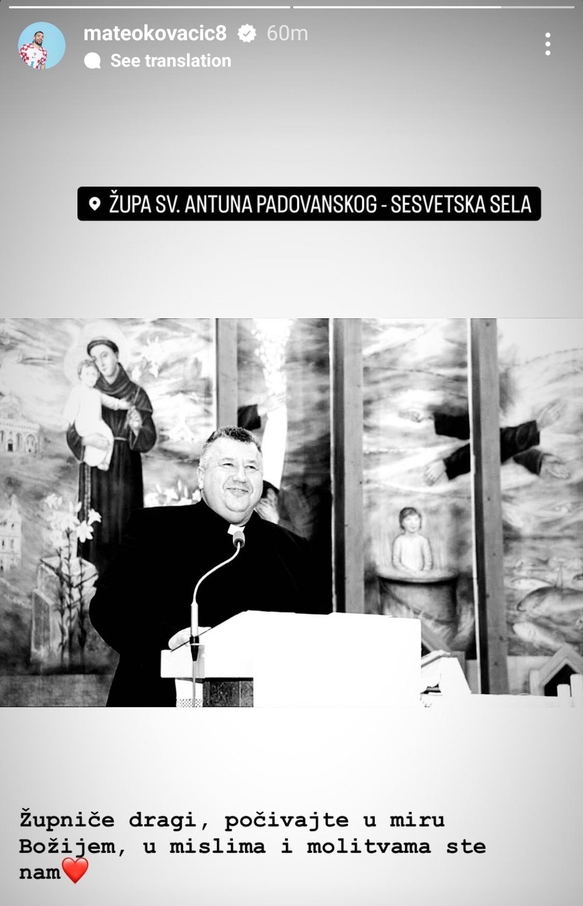 EMOTIVNA PORUKA Mateo Kovačić se oprostio od tragično preminulog župnika