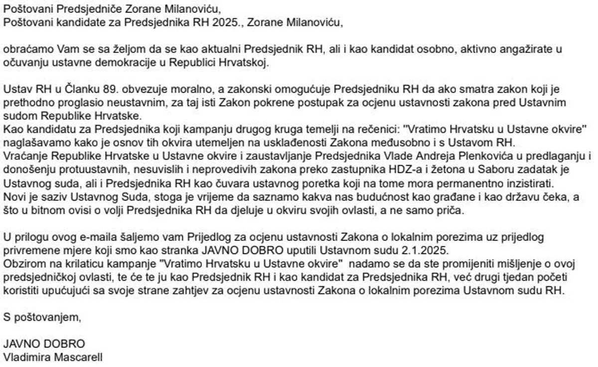 Stranka 'Javno dobro' uputila Prijedlog za ocjenu ustavnosti Zakona o lokalnom porezu
