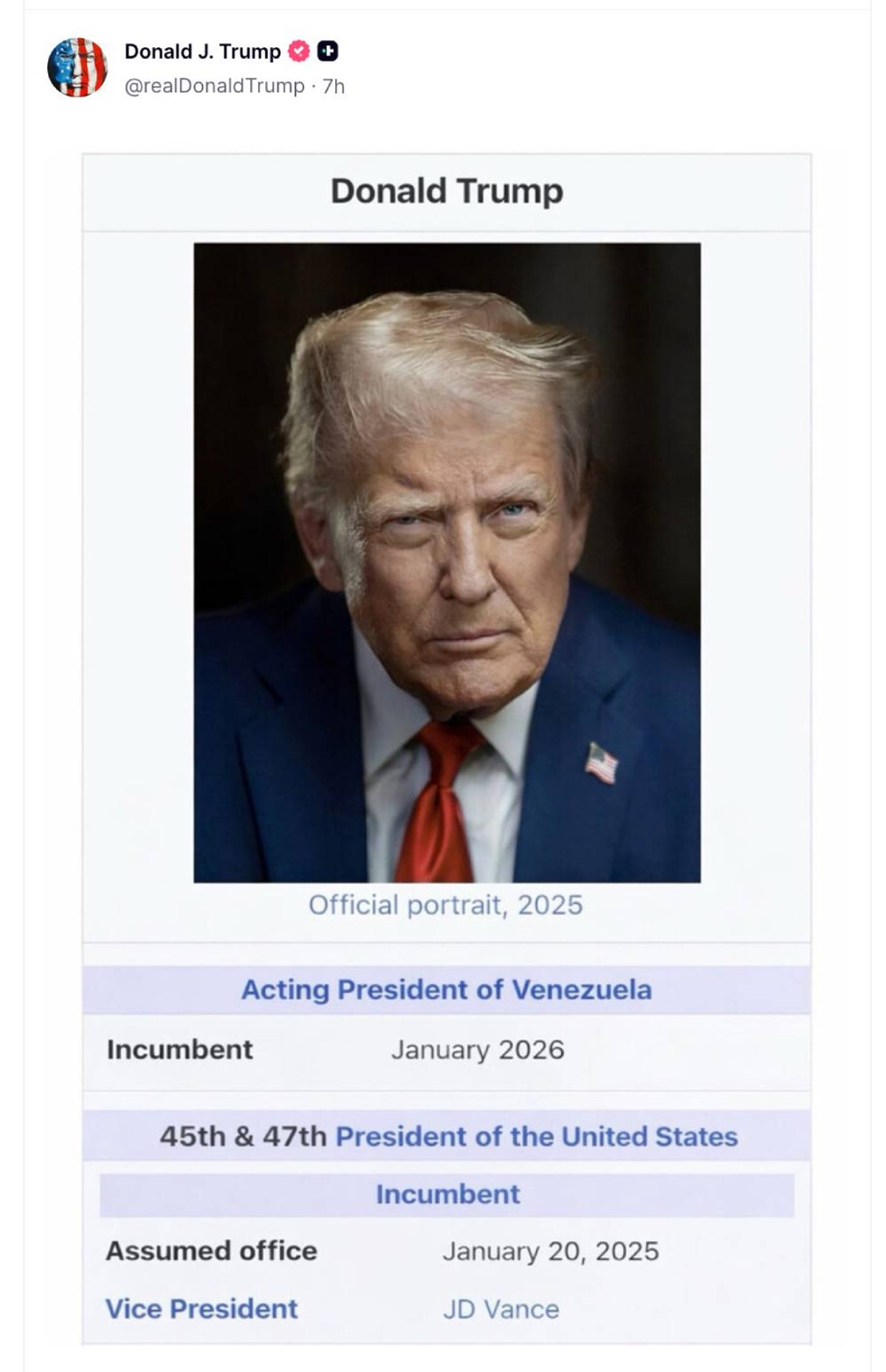 Trump objavio screenshot na kojem piše da je predsjednik Venezuele