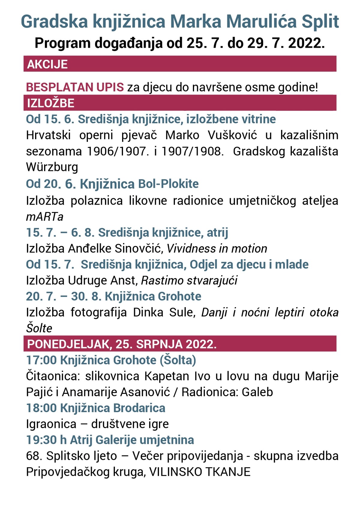 Gradska knjižnica Marka Marulića priprema bogat program za sljedeći tjedan