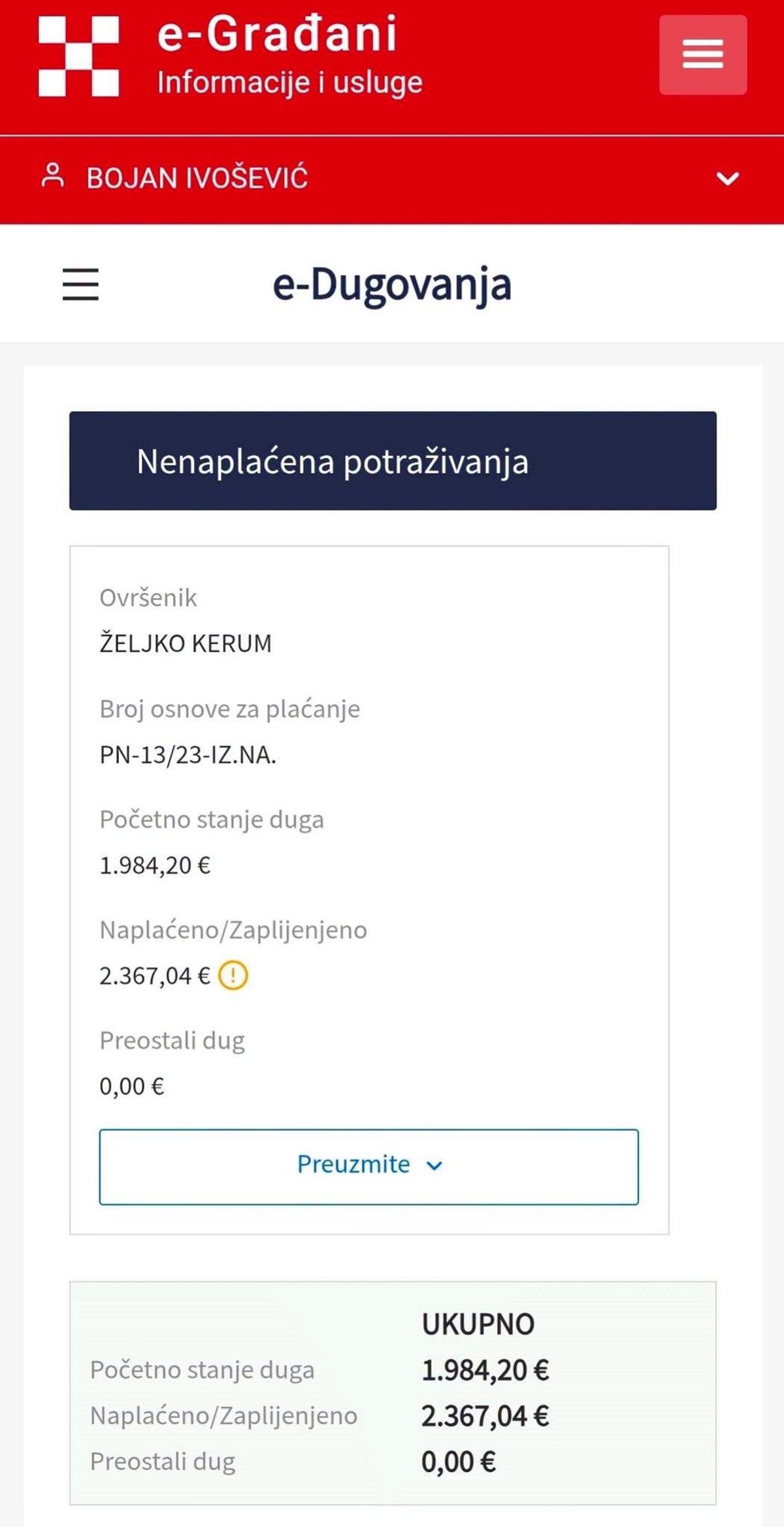 Ivošević Kerumu zaplijenio 2.367,04 eura