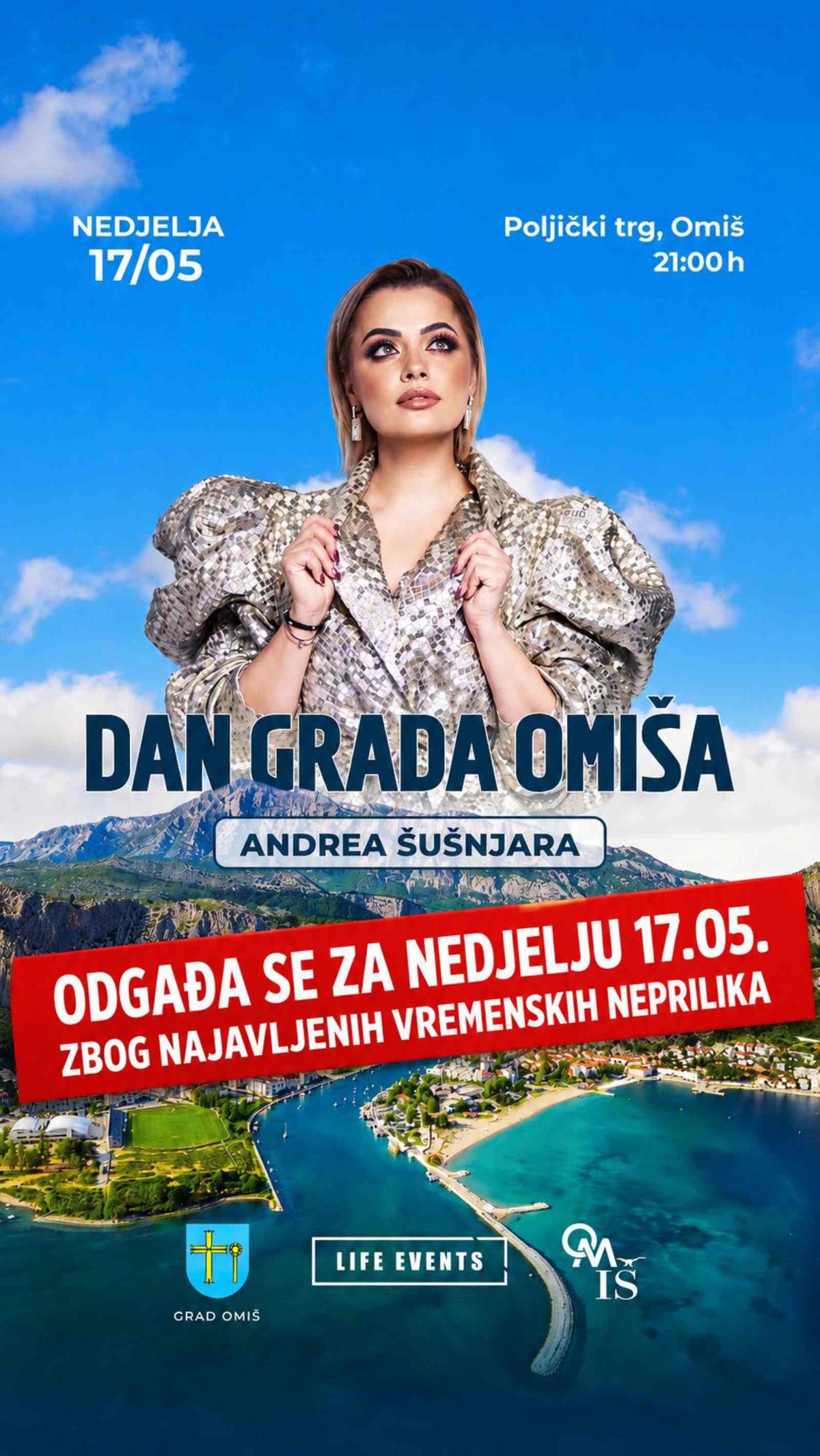 OMIŠ DANAS SLAVI: Nakon odgode zbog vremena, večeras koncert Andree Šušnjare