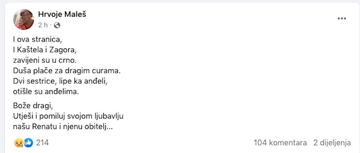 VELIKA TUGA Od sestara iz Kaštela se oprostio Hrvoje Maleš: 'Dvi sestrice, lipe ka anđeli, otišle su anđelima'