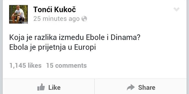 Kukoč briljira na Facebooku: Pročitajte koja je razlika između ebole i Dinama...