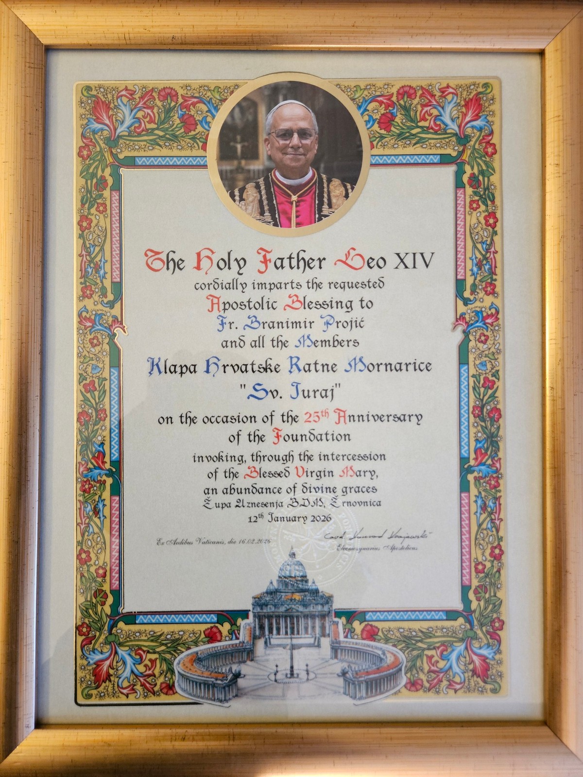 Papa Lav XIV. udijelio je apostolski blagoslov HRM-ovoj Klapi 'Sveti Juraj'