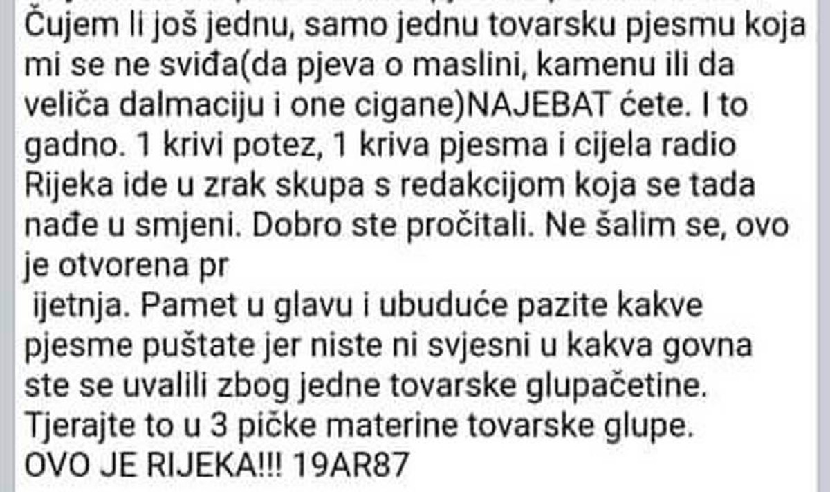 OZBILJNE PRIJETNJE ZBOG PJESME: 'Još jedan krivi potez i cijela Radio Rijeka ide u zrak skupa s redakcijom koja se tada nađe u smjeni'