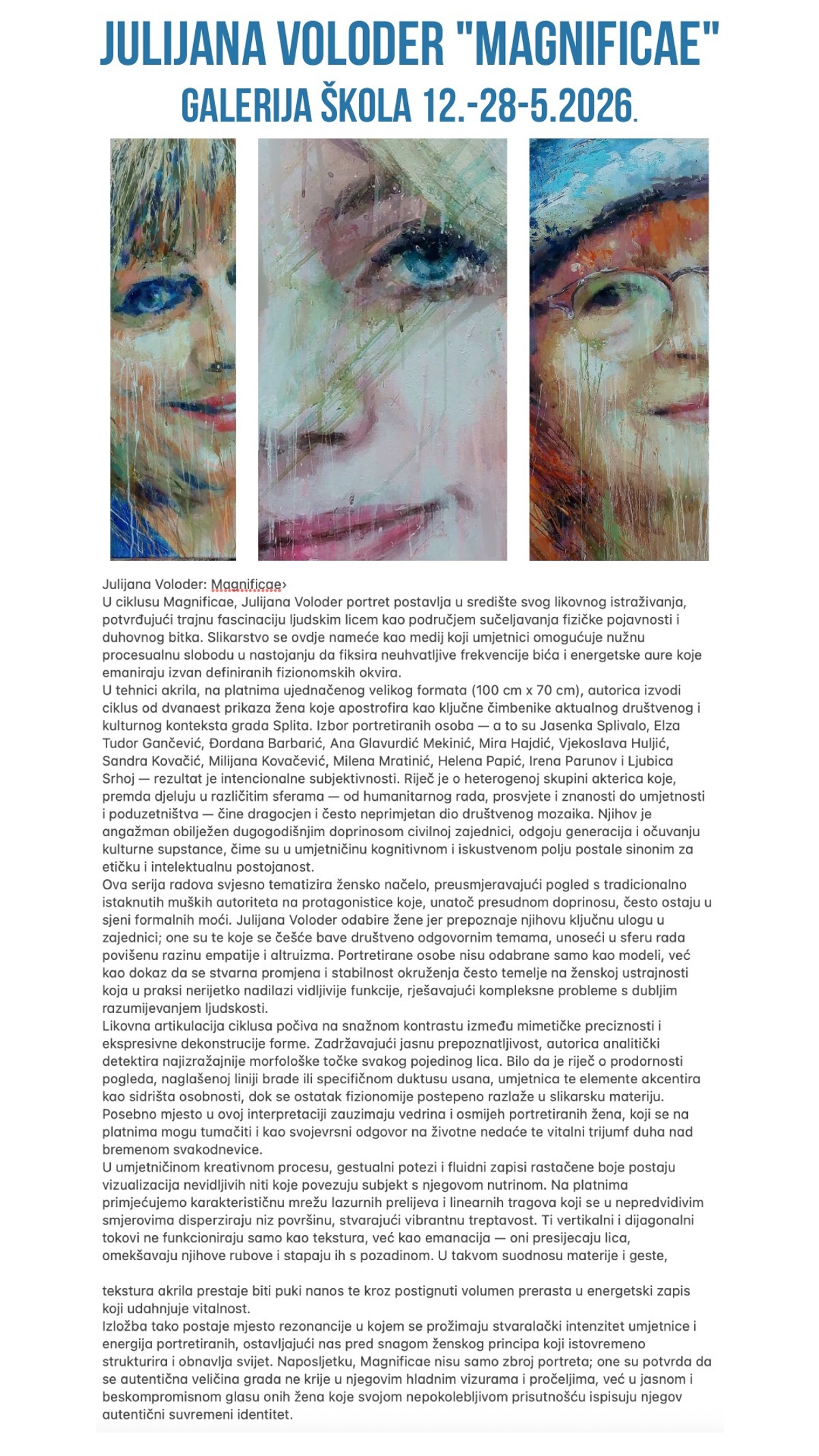 Izložba portreta Julijane Voloder u Galeriji Škola