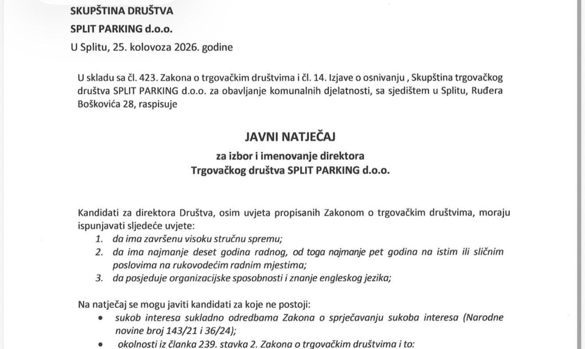S vozačkom dozvolom ili bez? Šutin natječaj gotovo identičan Puljkovu, direktor Split parkinga ne treba znati voziti