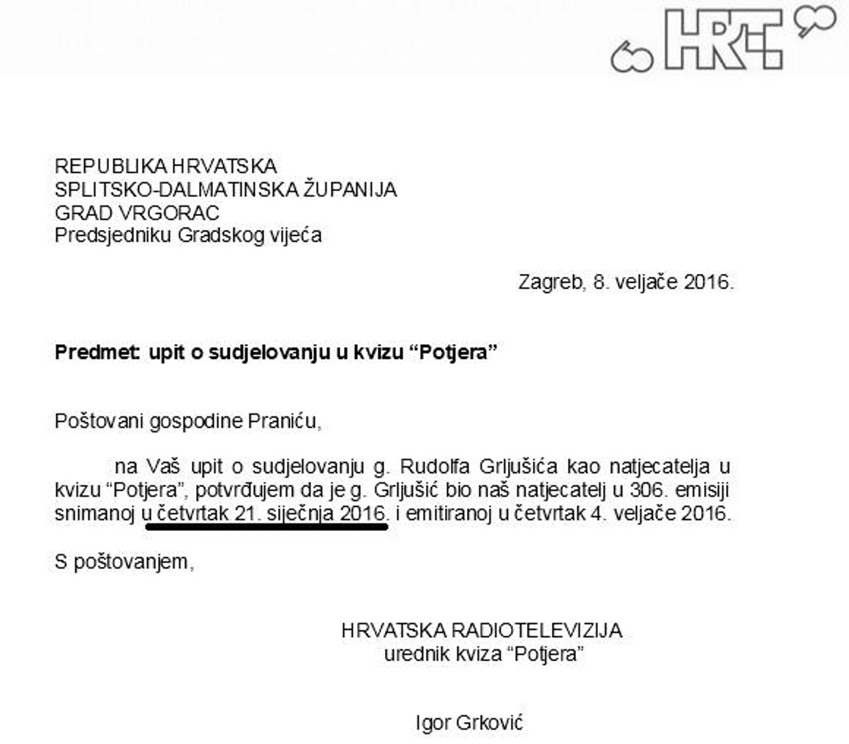 Bizaran politički sukob u Vrgorcu: Je li gradonačelnik Grljušić sudjelovao u kvizu Potjera tijekom svog radnog vremena?