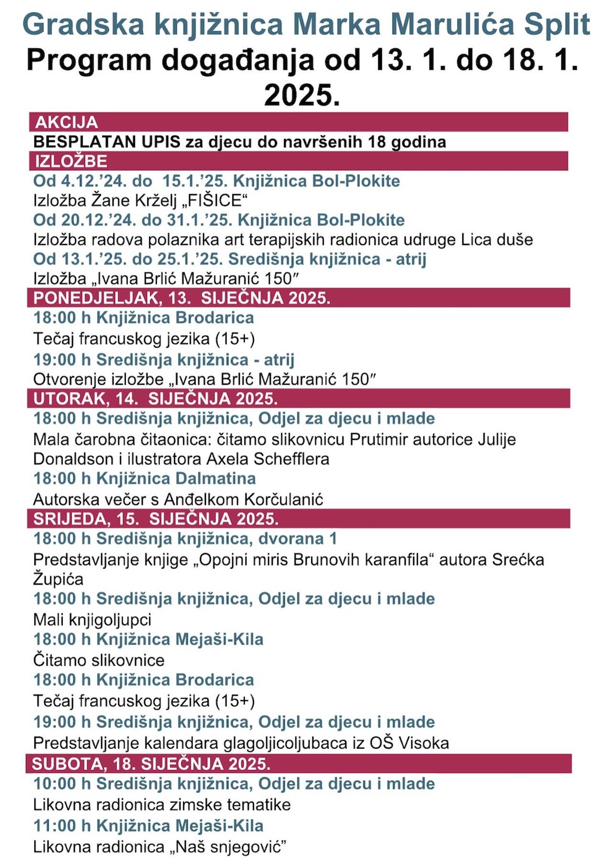 Gradska knjižnica Marka Marulića objavila ovotjedni program