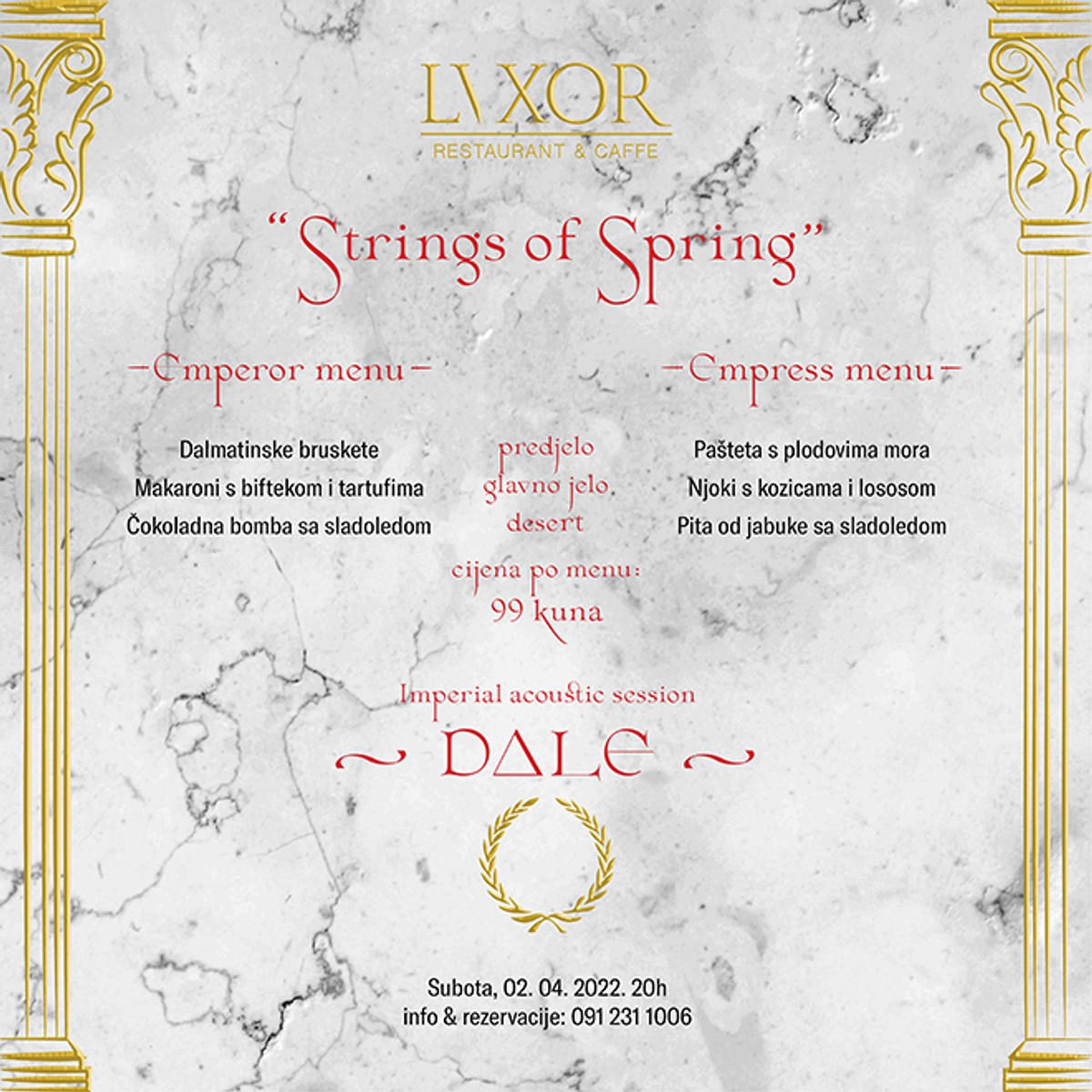 Carska ponuda u 3 slijeda u restoran/kavani Lvxor za 99 kuna i ove subote