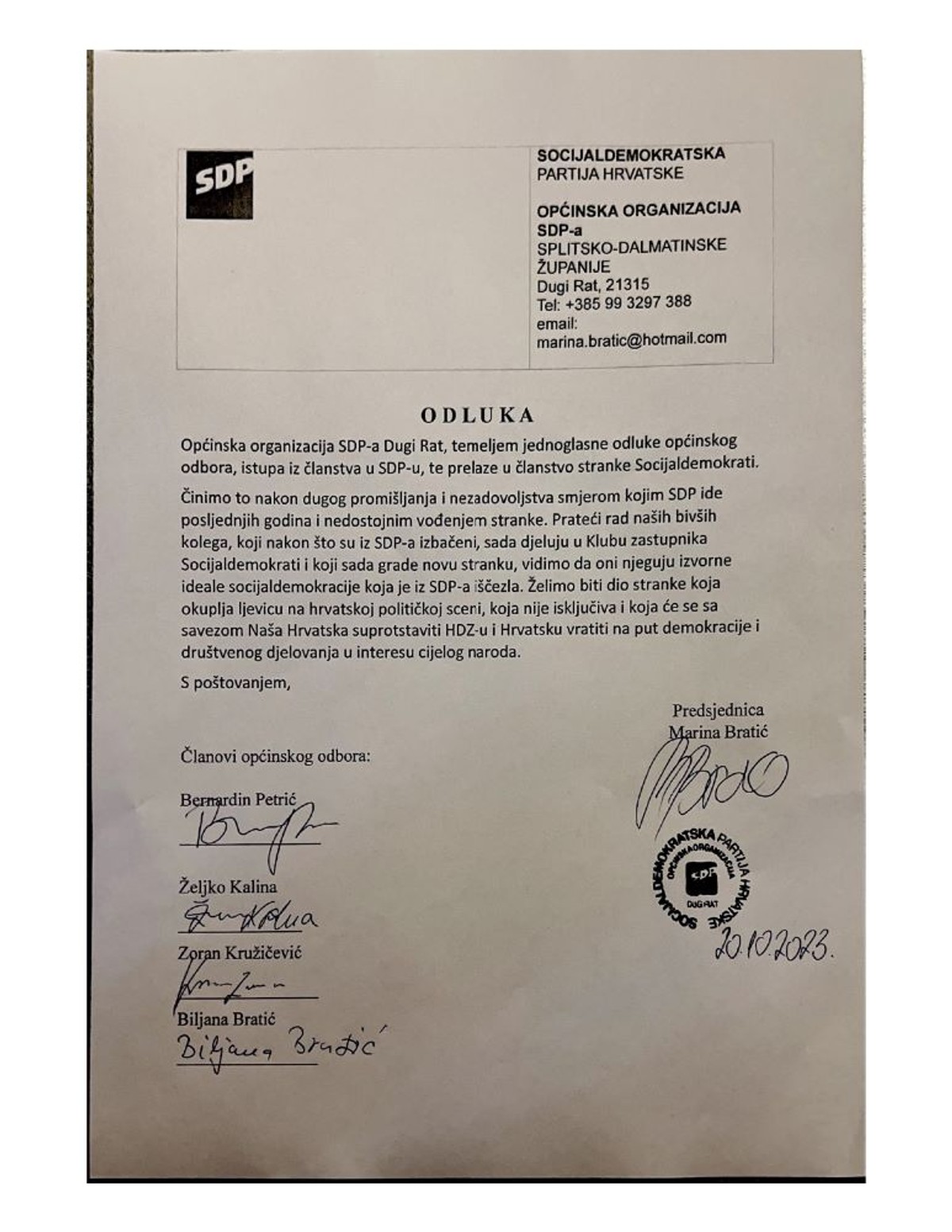 Cijeli SDP Dugi Rat napustio stranku, prelazi u drugu