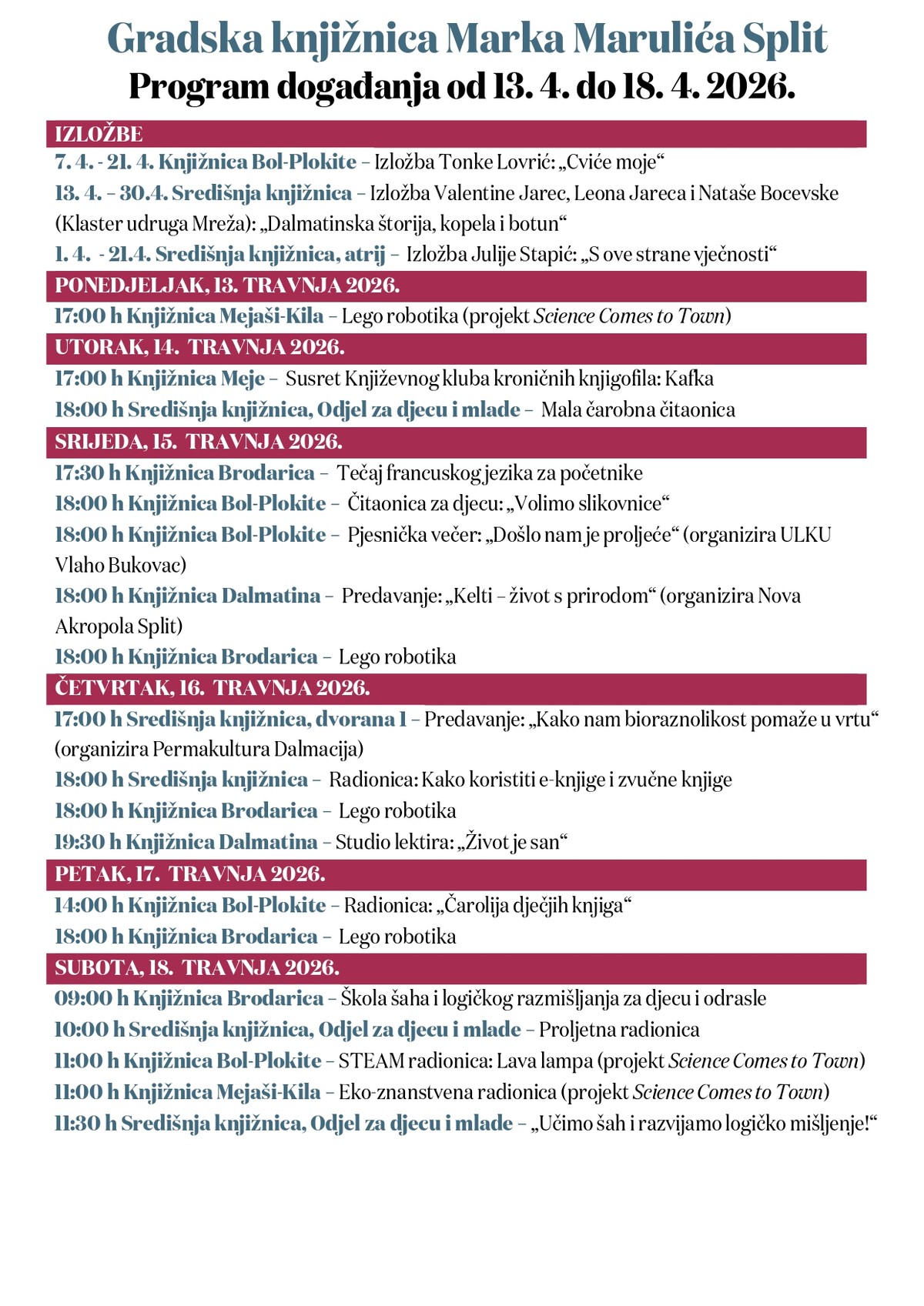 Bogat tjedni program GKMM-a donosi radionice, predavanja i pjesničku večer