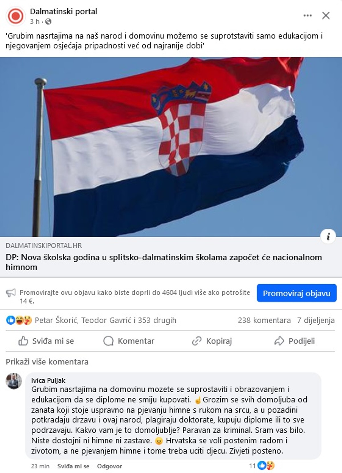  PULJAK O INTONIRANJU 'LIJEPE NAŠE' U ŠKOLAMA: Sram vas bilo. Niste dostojni ni himne ni zastave