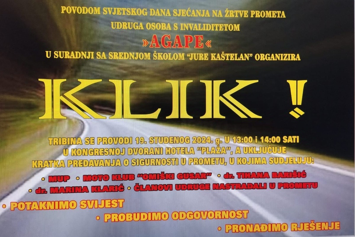 Udruga osoba s invaliditetom 'Agape' organizira tribinu povodom obilježavanja Svjetskog dana sjećanja na žrtve prometnih nesreća