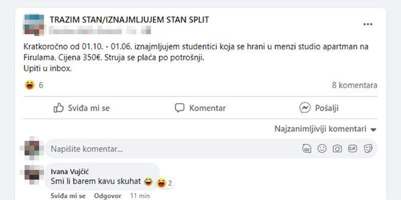 ZANIMLJIV OGLAS Iznajmljuje se apartman studentici koja se hrani u menzi