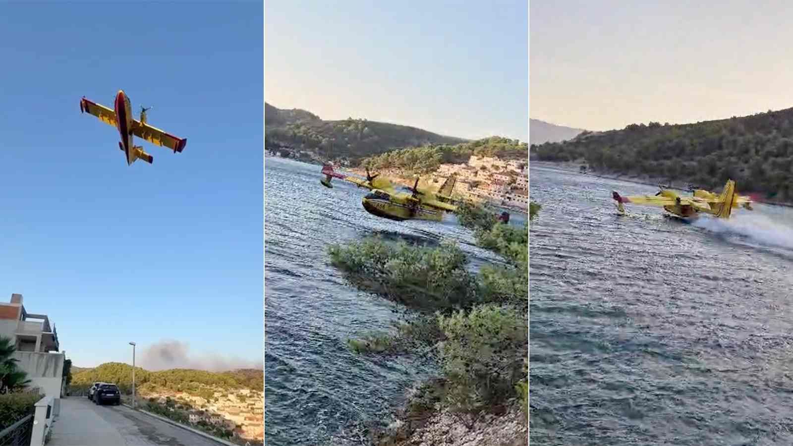VIDEO Spektakularni prizori s Brača: Pogledajte kako kanader puni spremnik morem iz uvale u Pučišćima