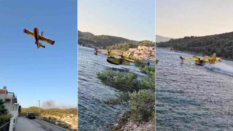 VIDEO Spektakularni prizori s Brača: Pogledajte kako kanader puni spremnik morem iz uvale u Pučišćima