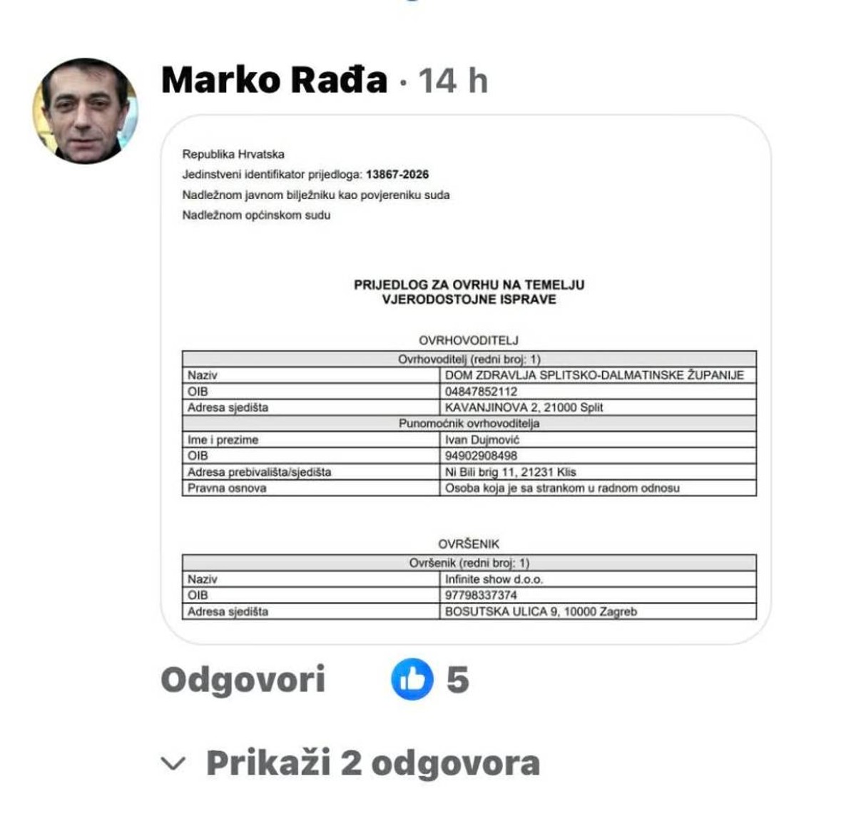 Thompsonov tim negira dug prema Domu zdravlja, ravnatelj Rađa im u komentarima priložio potpisan ugovor