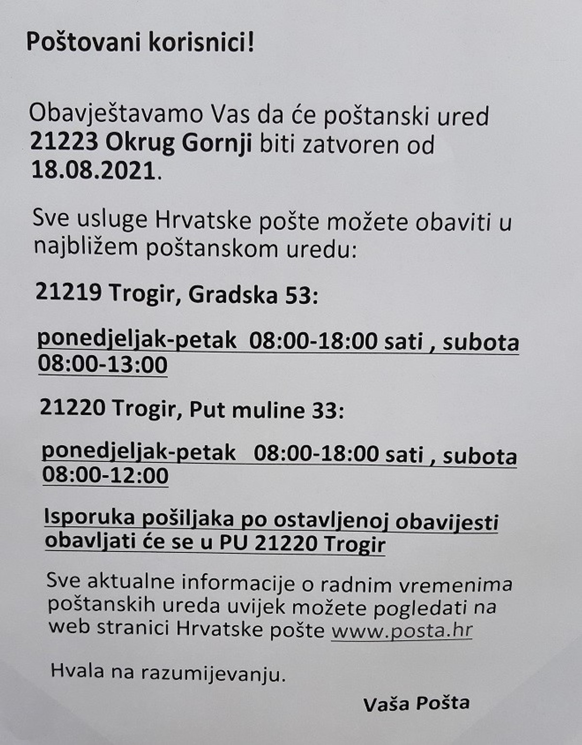 STANOVNICI REVOLTIRANI Zatvara se pošta u Okrugu Gornjem 