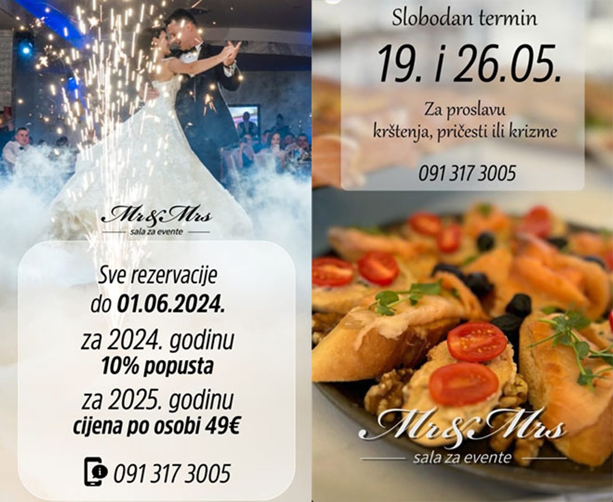 OVO SE NE PROPUŠTA Poseban popust za one koji do 1. lipnja rezerviraju salu za vjenčanja Mr & Mrs