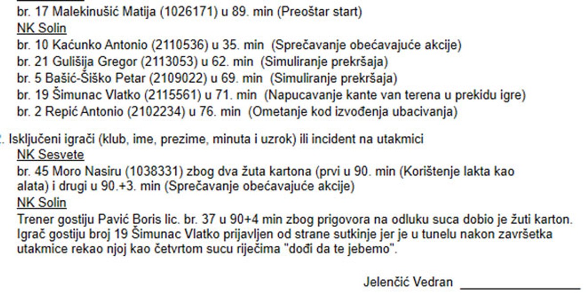 GROZOTA U SESVETAMA: Igrač Solina prijavljen u službenom zapisniku da je rekao sutkinji 'dođi da te je..mo'