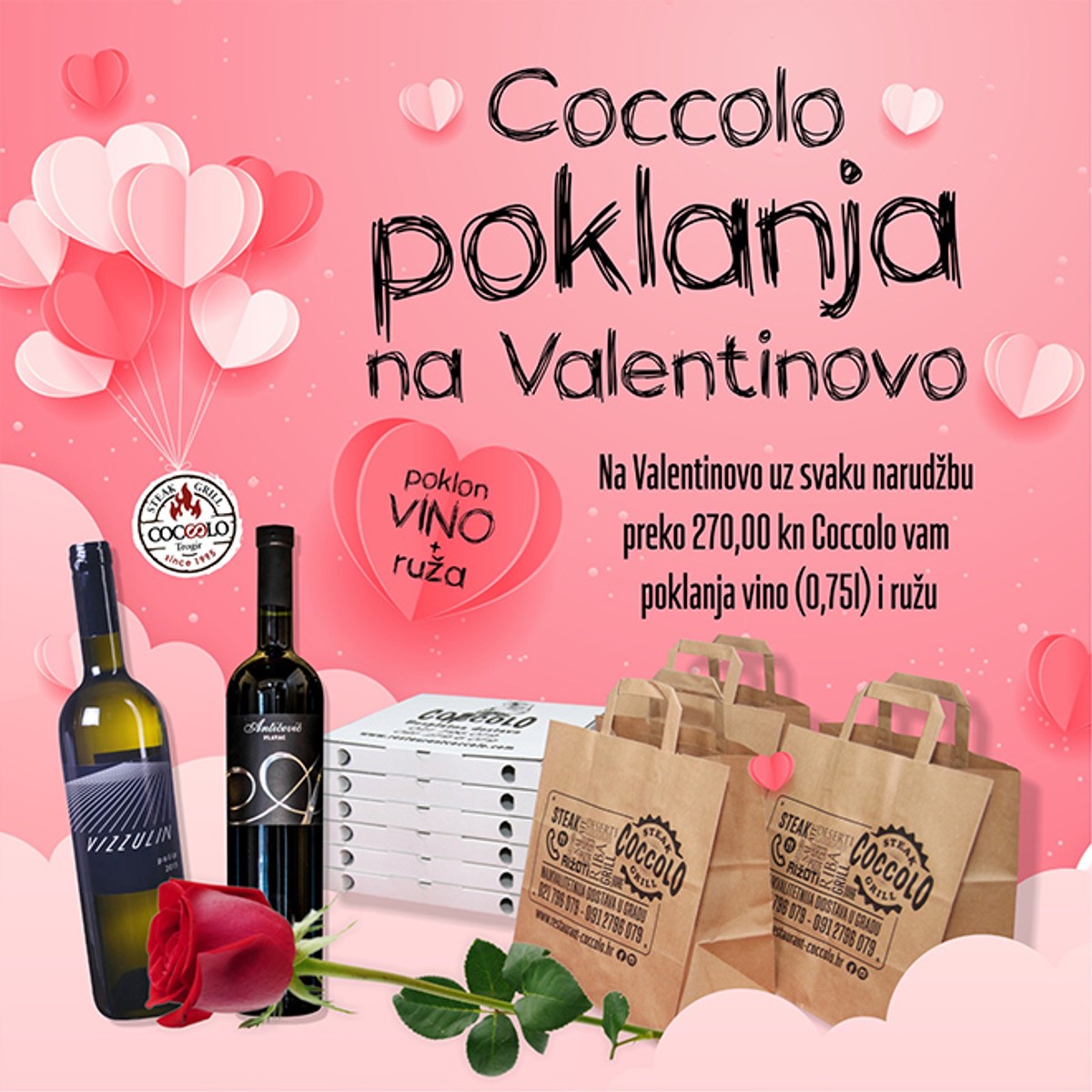 COCCOLO ZA ZALJUBLJENE Trogirski restoran na Valentinovo daruje ružu i vino!