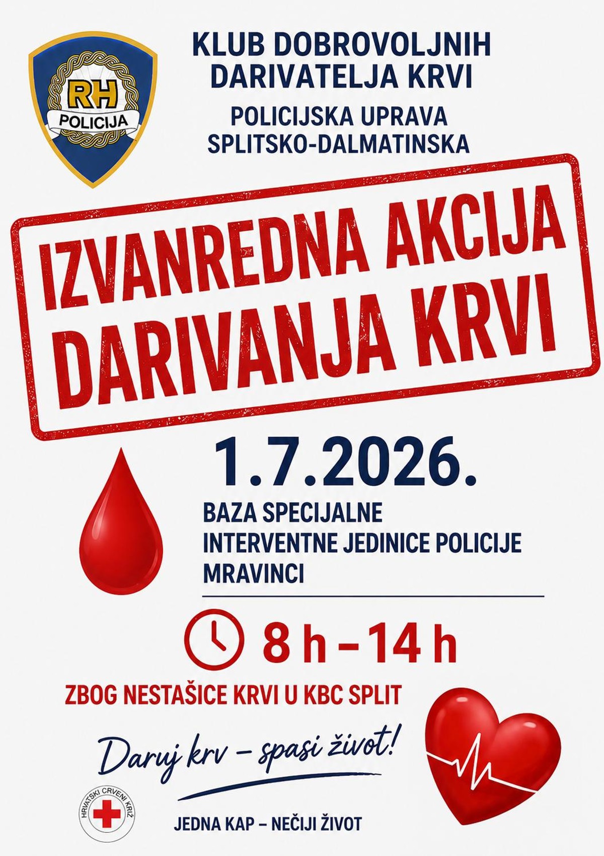 Izvanredna akcija darivanja krvi: Policija poziva na odaziv zbog nestašice u KBC-u