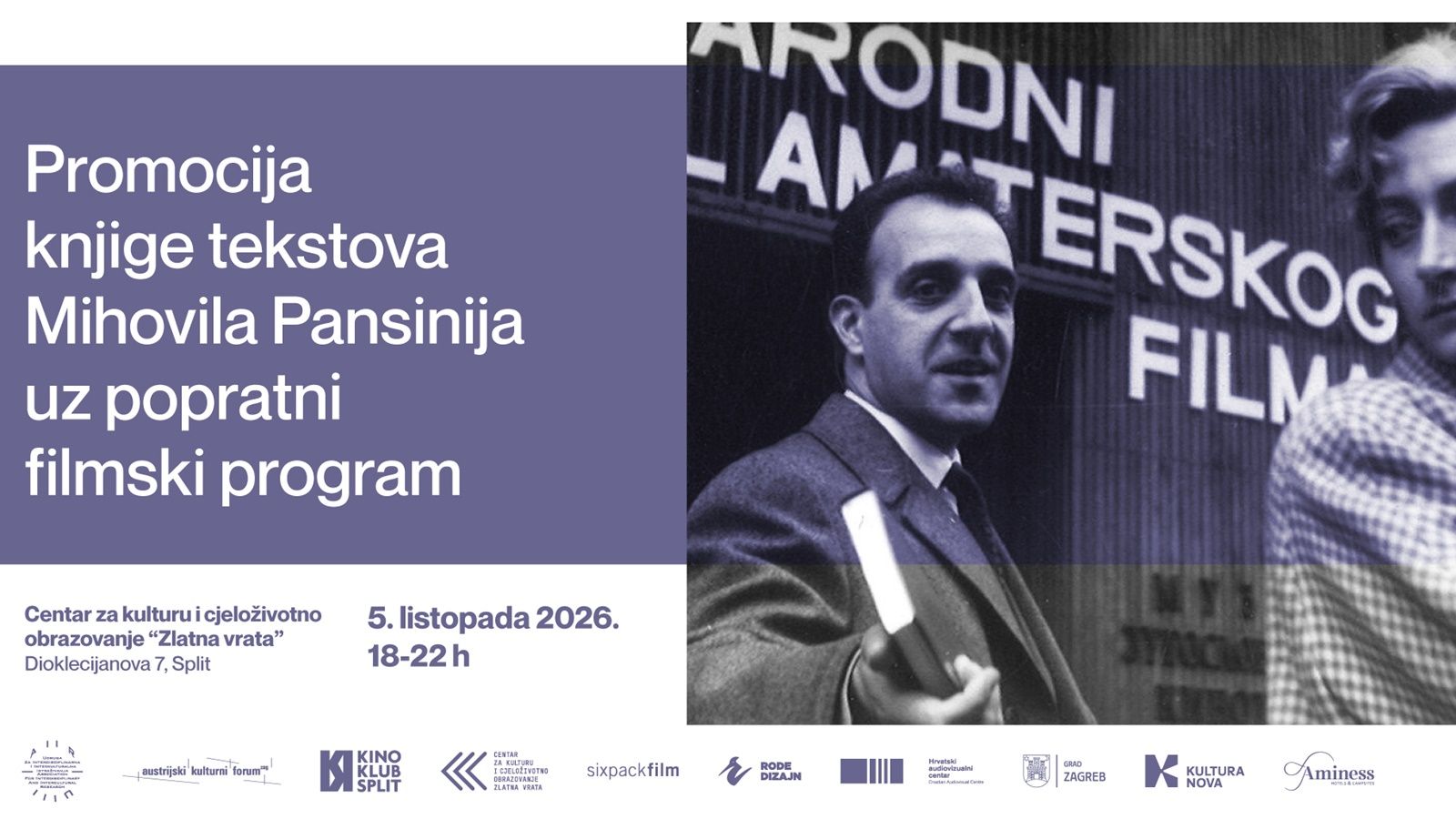 Promocija knjige tekstova Mihovila Pansinija i filmska retrospektiva u Zlatnim vratima