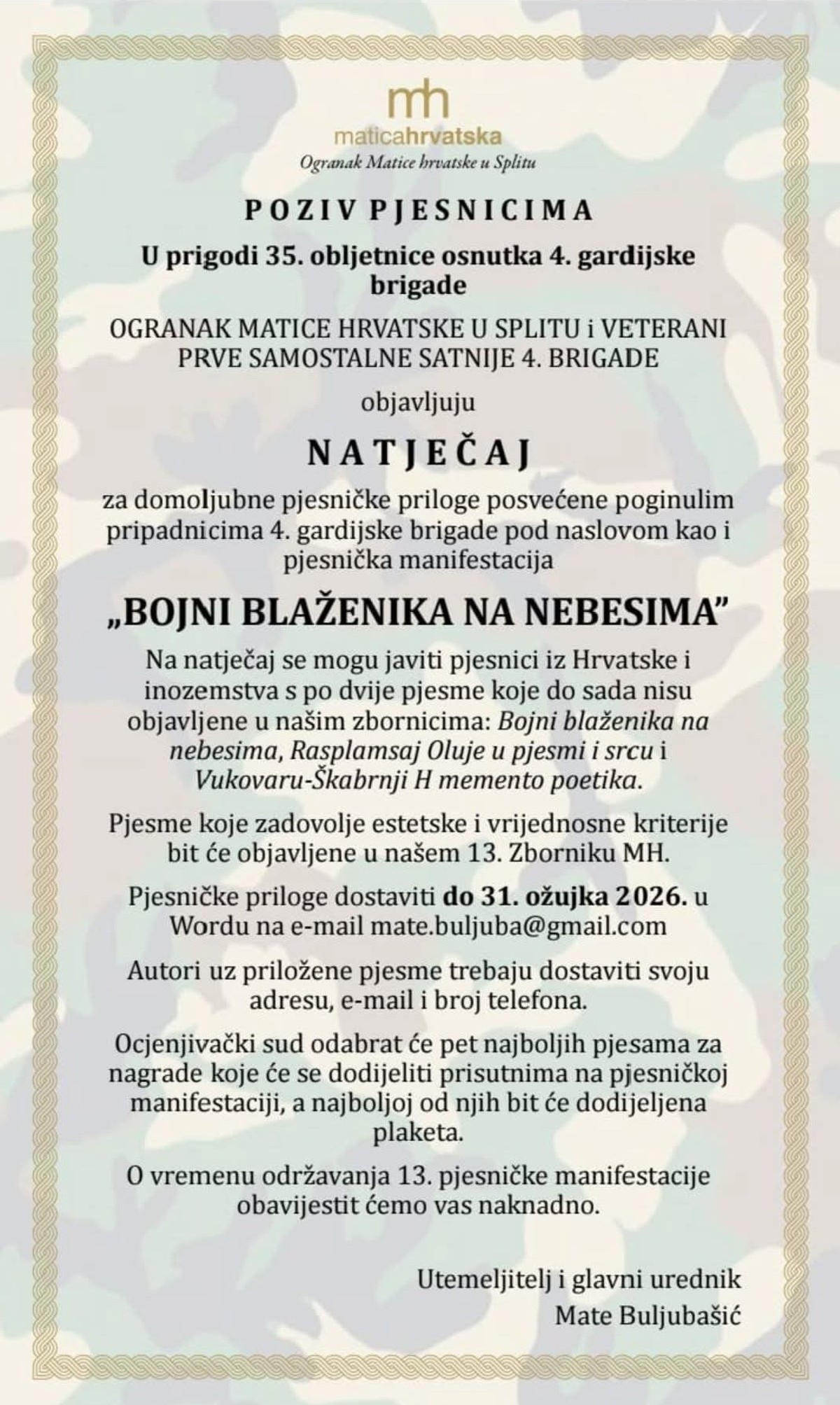 BOJNI BLAŽENIKA NA NEBESIMA Upućen poziv pjesnicima