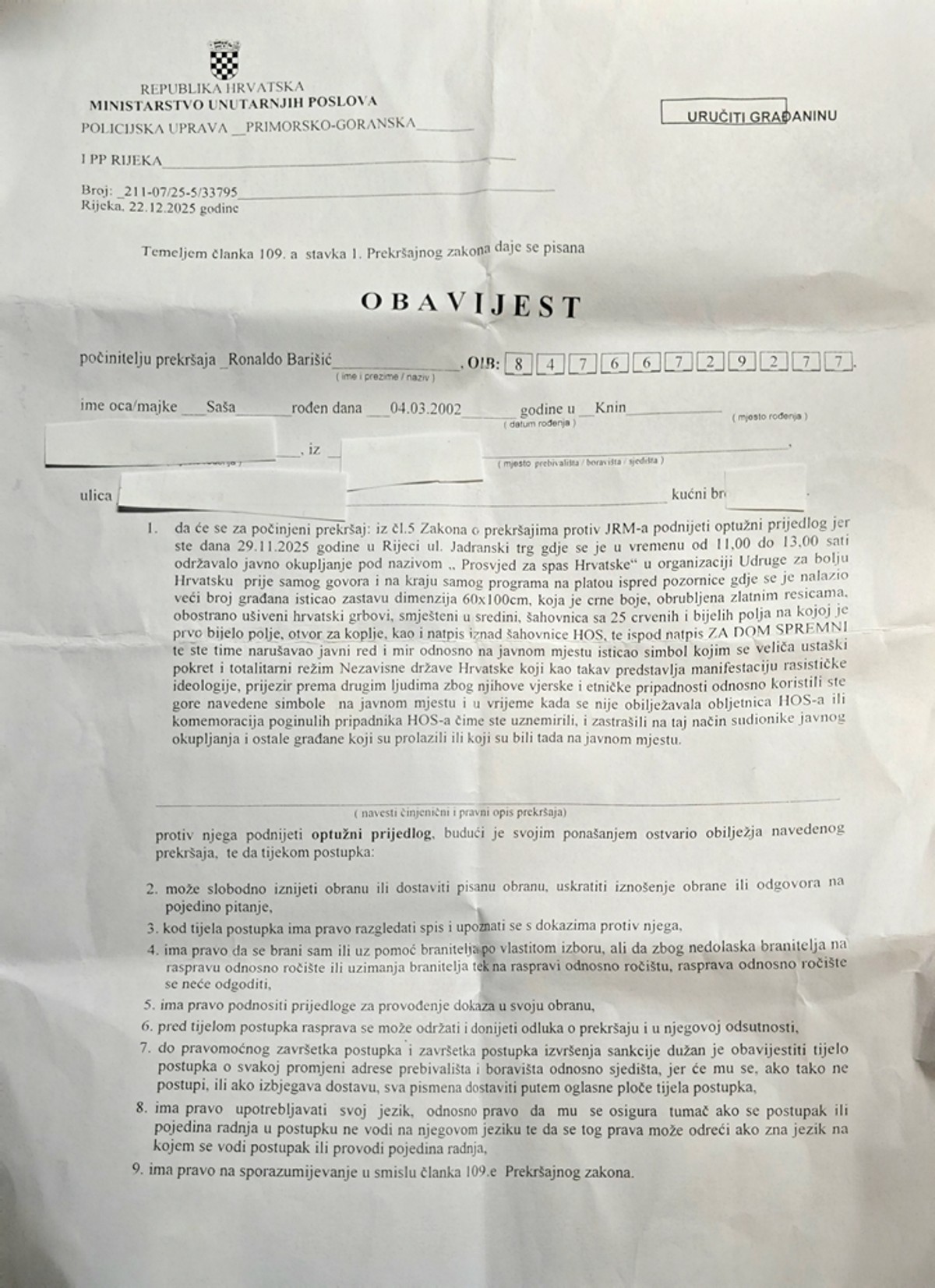 Predsjednik Udruge za bolju Hrvatsku prijavljen zbog isticanja HOS-ove zastave u Rijeci