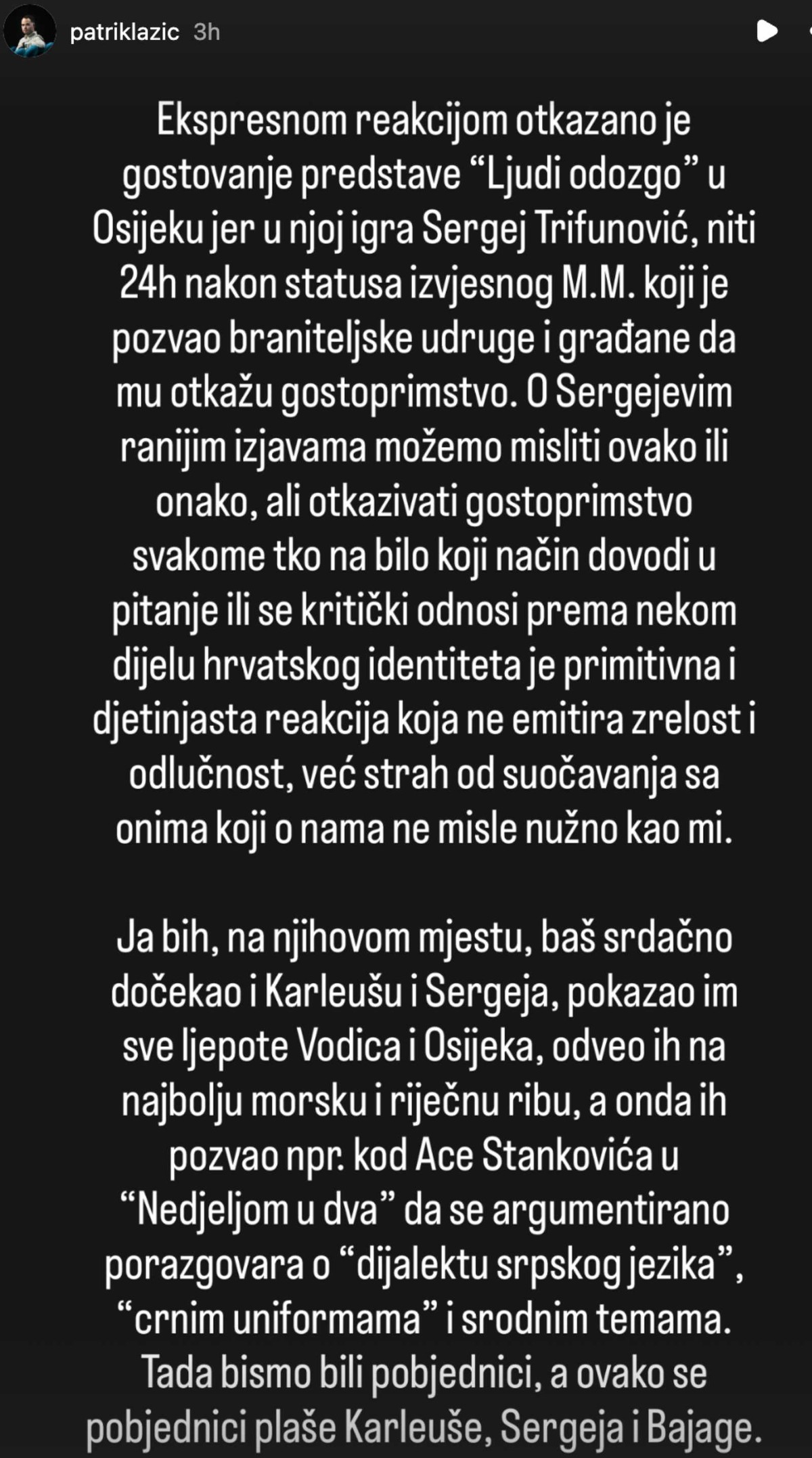 Otkazana predstava Sergeja Trifunovića u Osijeku, oglasio se redatelj: 'Pobjednici se plaše'